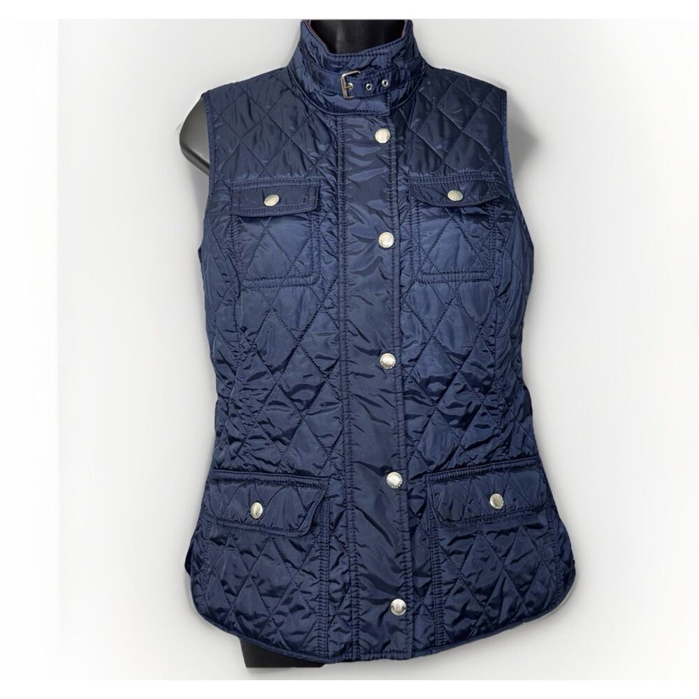Banana Republic Womens Small Navy Blue Quilt Puff Vest Buckle Neck Full Zip Snap